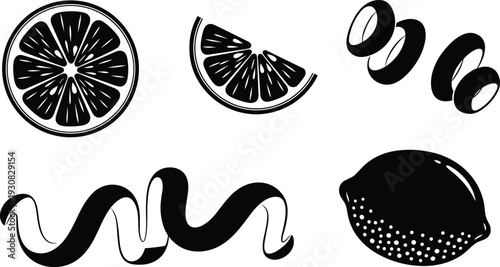 Citrus fruit silhouette illustration set, slices, wedges, zest and whole lemon stylized designs for culinary and nature theme - flat vector illustration