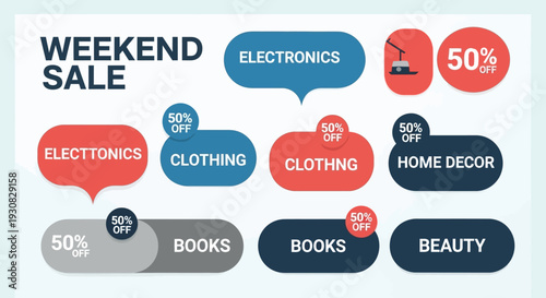 Set of 9 Weekend Sale Discount Tags Vector