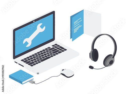 Laptop Computer with Wrench Icon, Headset, and Accessories on White Background
