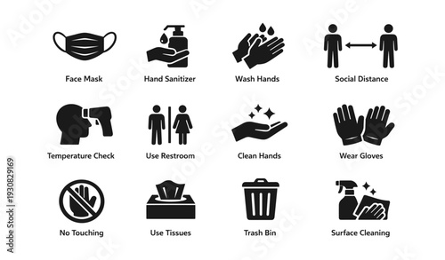 Covid-19 safety icons: mask, sanitizer, social distance, gloves, hygiene measures