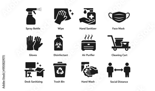 Essential cleaning and hygiene icons: spray bottle, hand sanitizer, face mask, gloves, disinfectant