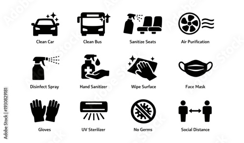 Cleanliness and safety icons: vehicles, sanitization, and social distancing symbols