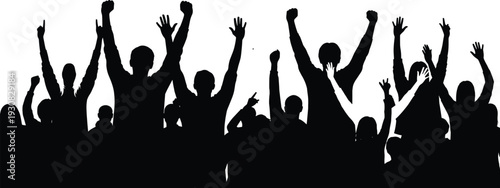 Crowd silhouette illustration set, people raising arms with fists, peace signs and open hands in unity and celebration theme - flat vector illustration