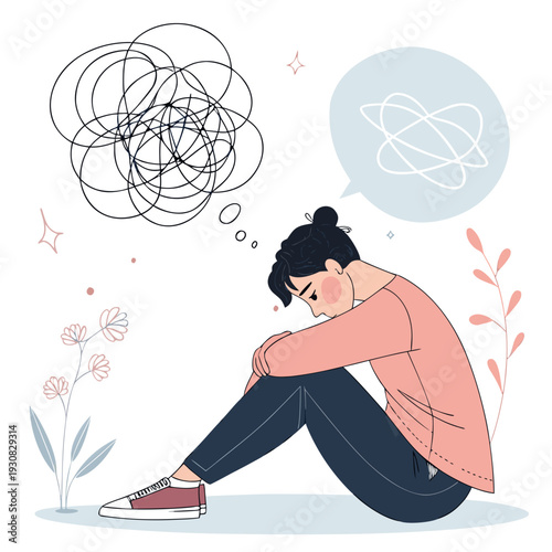 overthinking and anxiety concept illustration of a young adult with chaotic thoughts and tangled lines
