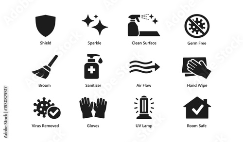 Cleaning and sanitizing icons for hygiene and safety
