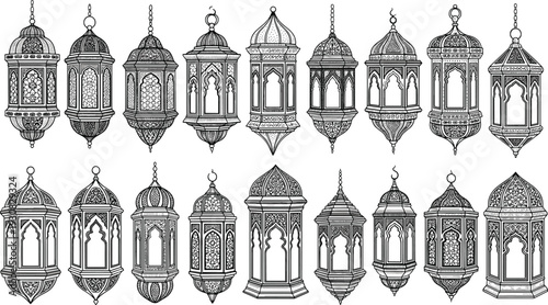 Decorative lantern vector illustration, intricate Middle Eastern designs representing Ramadan, cultural celebration, and traditional craftsmanship - flat vector illustration