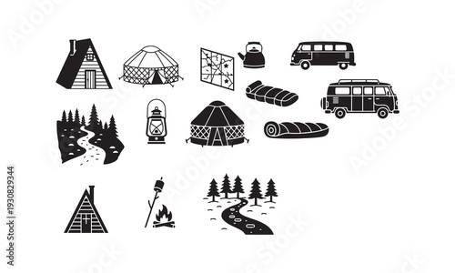 Camping and outdoor leisure equipment vector icons