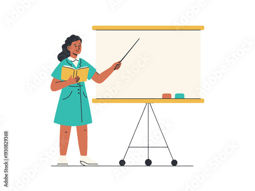 Teacher standing beside a whiteboard, pointing with a stick, holding a book confidently