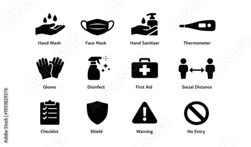 Essential health safety icons: hygiene, protection, covid-19 precautions and safety measures