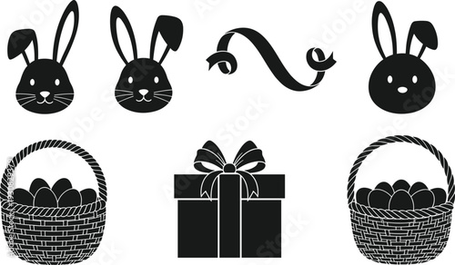 Easter icon silhouette illustration set, bunny faces, egg baskets, gift box and ribbon swirl celebration theme - flat vector illustration