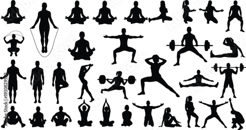 Fitness and yoga silhouette illustration set, people performing exercise poses including meditation, stretching, lunging and weightlifting theme - flat vector illustration
