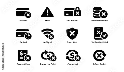 Error and alert icons set: payment, connection, verification, and security warnings
