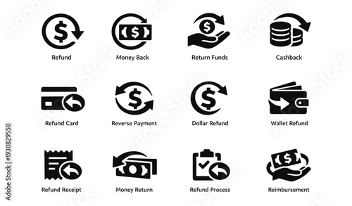 Refund and payment icons: money, return, cashback, wallet, reimbursement, receipt
