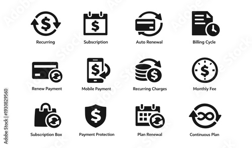 Recurring payment and subscription icons: auto renewal and billing cycle symbols