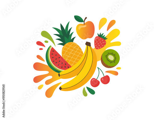 Colorful assortment of tropical fruits arranged in a vibrant and playful composition isolated on transparent background