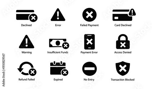 Collection of payment and access error icons in black and white