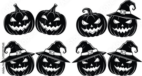 Halloween pumpkin jack-o’-lantern silhouette vector illustration, spooky carved faces with witch hats representing festive holiday themes - flat vector illustration