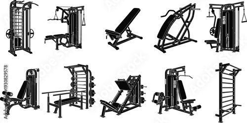 Gym equipment silhouette vector illustration, fitness machines for strength training and resistance exercises representing workout and health themes - flat vector illustration