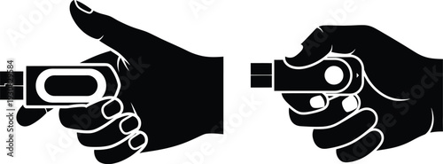Hand Holding Stun Gun Taser Device Silhouette Icon, Personal Self Defense Protection Concept Vector Illustration