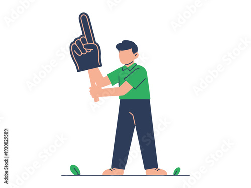 Cartoon man holding foam finger, cheering, green shirt, blue pants, illustration