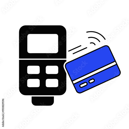 A blue credit card next to a wireless payment terminal