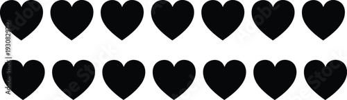 Heart silhouette illustration set, grid of varied black shapes with one outlined design for romance and love theme - flat vector illustration
