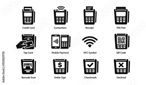 Payment method icons: contactless, mobile, qr code, chip, nfc, receipt