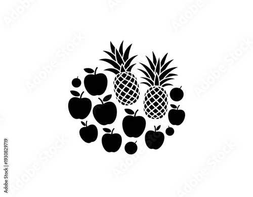 Assorted black and white silhouette illustration of tropical and temperate fruits isolated on transparent background