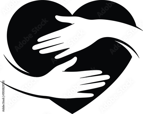 Heart and hands compassion silhouette vector illustration, symbol of care, support, charity, and love - flat vector illustration