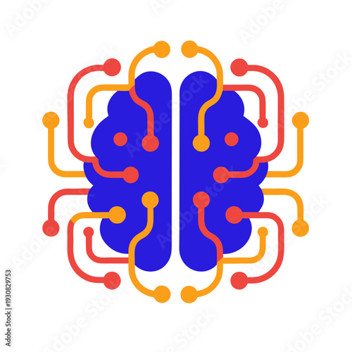 A blue brain with orange and red circuits