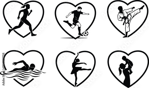Heart-shaped activity silhouette vector illustration, sports, dance, swimming, martial arts, and parenting icons representing love and lifestyle - flat vector illustration