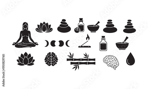 Set of yoga and spa elements, meditation and relaxation symbols