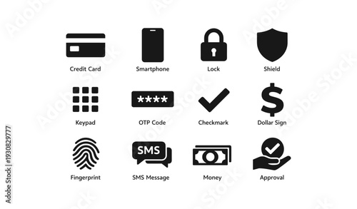 Set of black icons representing credit card smartphone lock shield and more
