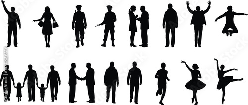 People silhouette collection, men women and children social activities, family business and lifestyle poses, standing running jumping figures, black vector icons