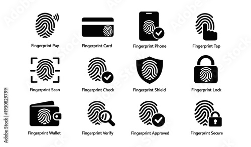 Collection of fingerprint icons for payments, security, access, and verification