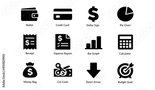 Finance and budgeting icons: wallet, credit card, dollar sign, charts, calculator, money bag, budget goal