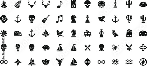 Mixed icon silhouette illustration set, diverse symbols including nature, music, nautical, chess, abstract and cultural motifs theme - flat vector illustration