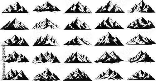 Mountain silhouette illustration set, varied peak designs and terrains with stylized outlines for nature and adventure theme - flat vector illustration