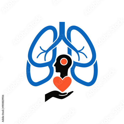 A blue lung with a silhouette of a head and a heart
