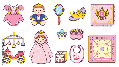 Cute Baby Stickers Collection with Prince Onesie Crown Shoes Bib Walker and Book _1668169813.eps