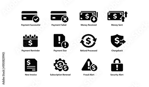 Payment and transaction icons set: successful, failed, received, sent, reminder, due, refund, chargeback, invoice, renewal, fraud, security