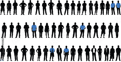 People silhouettes collection with highlighted individuals, men and women standing poses, leadership and selection concept, team diversity, black vector illustration
