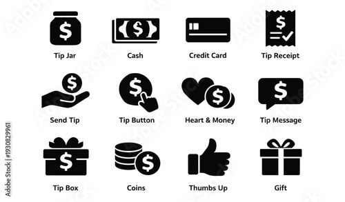 Financial icons set: tip jar, cash, credit card, and payment symbols