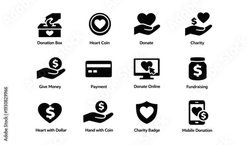 Charity icons set: donation box, heart coin, online giving symbols