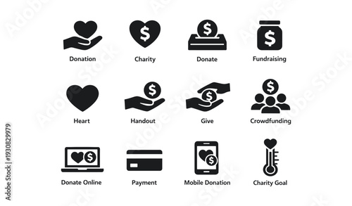 Black icons representing donation and charity concepts in simple design