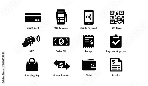 Credit card payment icons: nfc, mobile, qr code, wallet symbols