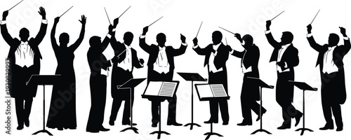Orchestra conductor silhouette illustration set, multiple figures with batons and music stands in expressive conducting poses theme - flat vector illustration