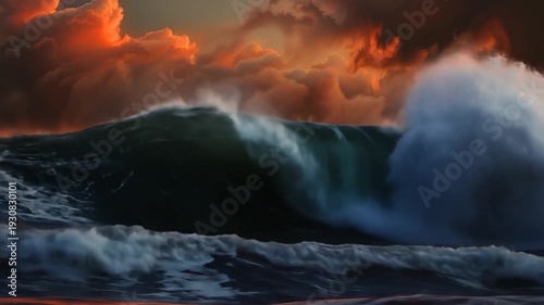Dramatic ocean waves crashing under a cloudy sky during a storm