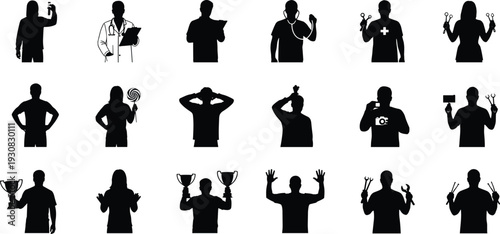 Professions and activities silhouette vector illustration, people with tools, trophies, and symbols representing work, hobbies, and lifestyle - flat vector illustration