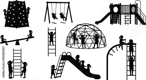 Playground equipment silhouette vector illustration, children playing on swings, slides, climbing structures, and seesaws representing outdoor fun - flat vector illustration